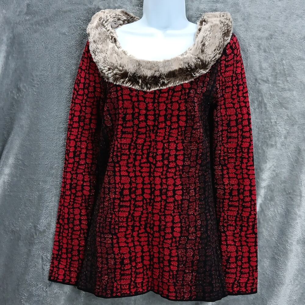 Carmen Marc Valvo Sweater w/ Faux Fur Collar Red & Black Women's Size Small